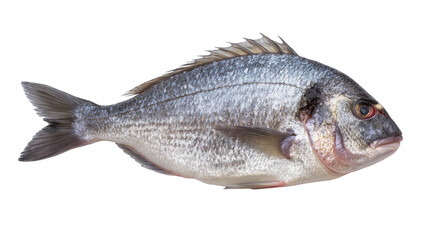 Obraz premium Whole raw sea bream fish with silver scales and fins
