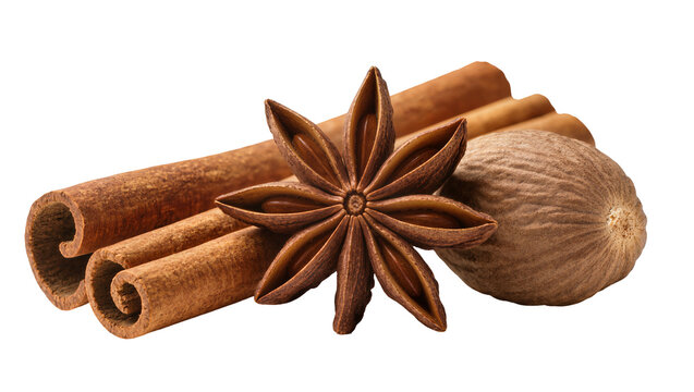 Cinnamon sticks star anise, and nutmeg spice assortment