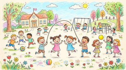 Naklejka premium Young students happily play varied games with balls, jump ropes, and swings on a school playground