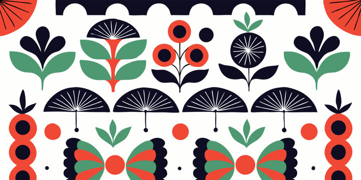 Folk art floral pattern with symmetrical flowers and butterflies in nature theme
