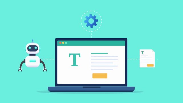 Modern flat vector animation featuring an AI writing assistant beside a laptop displaying a content editor. Ideal for copywriting, content creation, text generation, and productivity concepts.