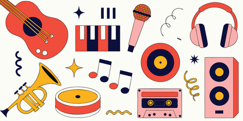 Musical instruments and sound equipment vector icons with guitar trumpet and drums © Sadhin07
