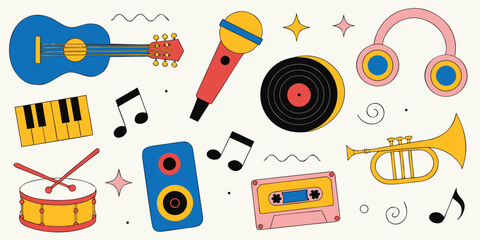 Musical instruments and audio equipment icons with guitar piano and headphones © Sadhin07