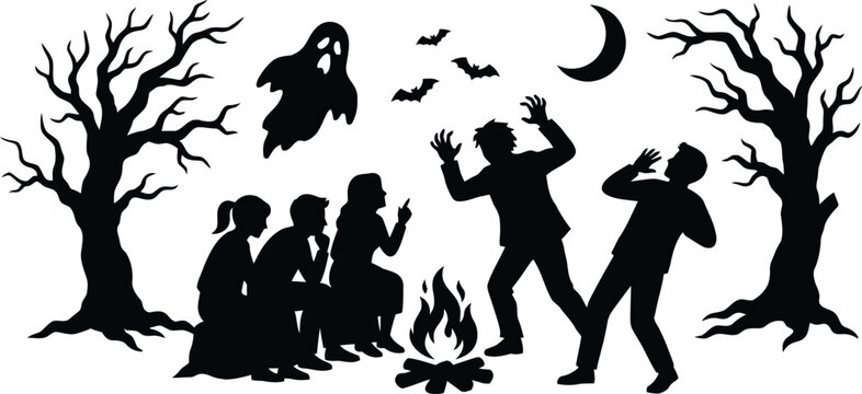 Witch and villagers around a campfire at night