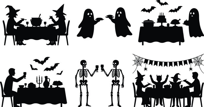 Halloween party with spooky characters and skeletons