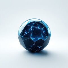 Naklejka premium Geometric sphere glows with internal blue energy. Faceted surface reflects light, creating dynamic visual effect. Modern digital art.