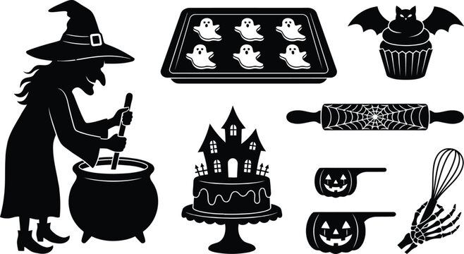 Witch baking halloween treats with cauldron and cupcakes