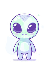 Fototapeta premium Cute cartoon alien character with big purple eyes and a friendly smile, standing on a white background.