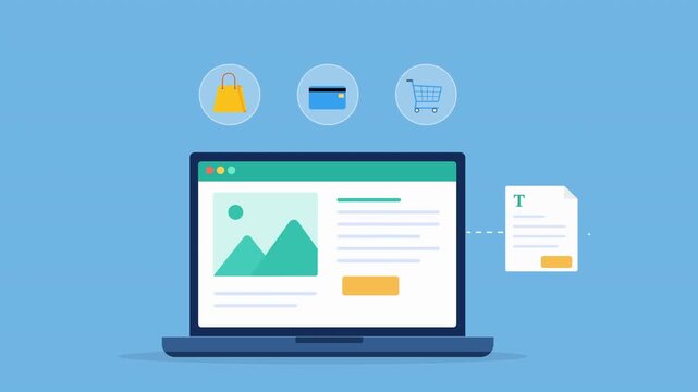 Modern flat vector animation featuring a laptop dashboard with shopping, payment, and customer icons. Ideal for ecommerce analytics, online retail management, sales tracking, and business growth conce