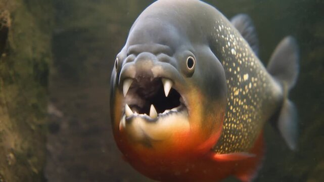 Menacing Red Bellied Piranha Opening Its Mouth to Show Sharp Teeth
