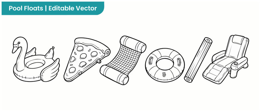 Pool floats vector line art set featuring inflatable swan, pizza slice, ring, mattress, noodle, and lounge chair outlines for summer coloring book page, party planning design, and vector assets.