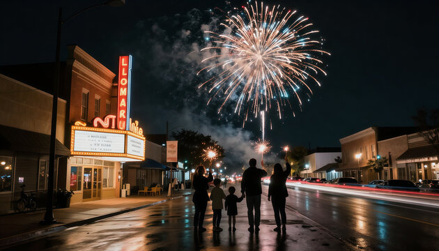 Silhouette family watching fireworks on retro small town street