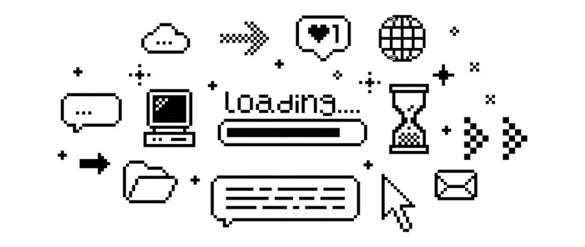 Minimal pixel workflow interface on clean light background with loading bar, file folder, cursor, computer, globe and navigation arrows. Retro 8-bit UI icons for productivity tools and digital design