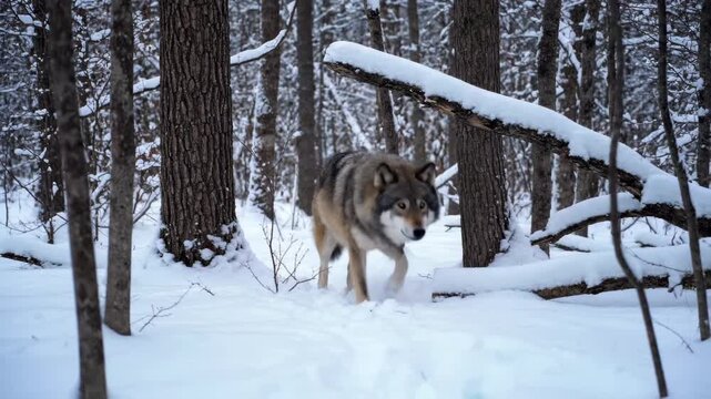 A wolf walking in a snow forest, a wild wolf in a snow forest