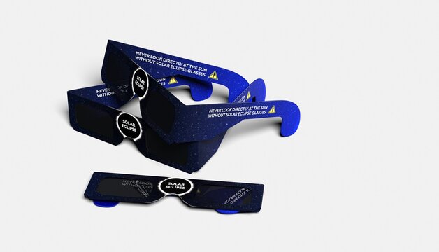Cardboard solar eclipse telescope with warning text and Spain 2026 - 3D rendering