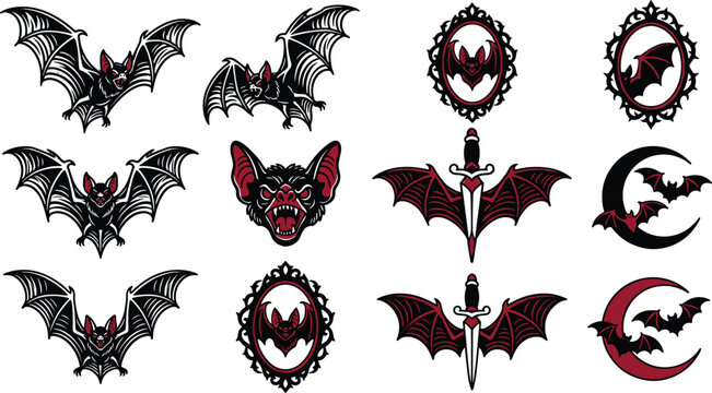 Gothic Vampire Bat Emblem Collection Featuring Dark Fantasy Creatures, Winged Sword Symbols, Halloween Icons, and Horror Logo Designs
