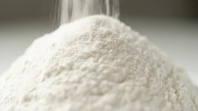 Flour pouring close-up material, flour slowly sprinkles close-up