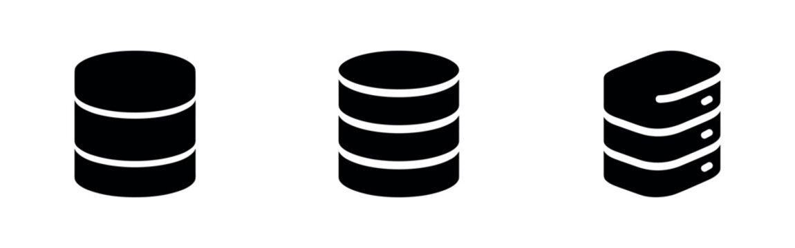Database server and data storage icon set. Information technology, server rack, and data center symbols for computing.