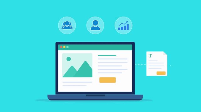 Modern flat vector animation featuring a laptop dashboard with customer, audience, and growth analytics icons. Ideal for user insights, business intelligence, reporting, and performance tracking conce