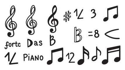 Fototapeta premium Hand-Drawn Musical Symbols and Notation Icons Featuring Notes, Treble Clefs, Dynamics and Piano Markings