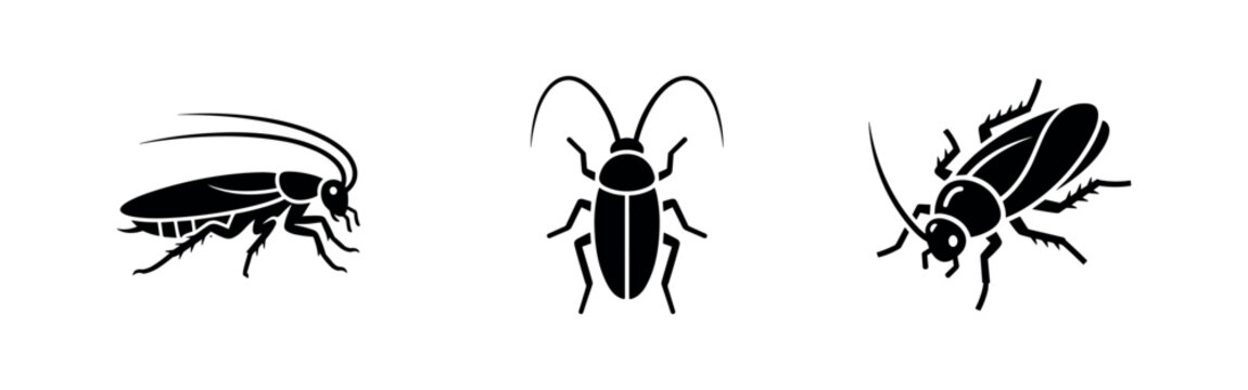 Cockroach insect bug icon set. Pest control and hygiene symbols for unwanted critters and infestation.