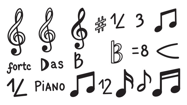 Hand-Drawn Musical Symbols and Notation Icons Featuring Notes, Treble Clefs, Dynamics and Piano Markings