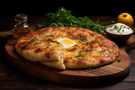 Round savory khachapuri bread baking, filled with melted cheese and a soft egg yolk