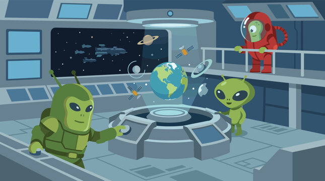 Cartoon green aliens inside futuristic spaceship examining holographic earth globe with astronaut watching from upper deck