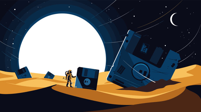 Lone astronaut standing among giant abandoned floppy disks on desert dunes under glowing full moon in dark starry night