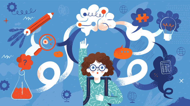 Curious girl student with glasses raising hand surrounded by colorful education icons and swirling thought bubbles on blue background