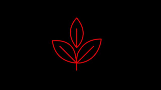 Bold red neon plant sprout silhouette, with three distinct leaves, sharply defined against an absolute black backdrop, symbolizing vitality and health.