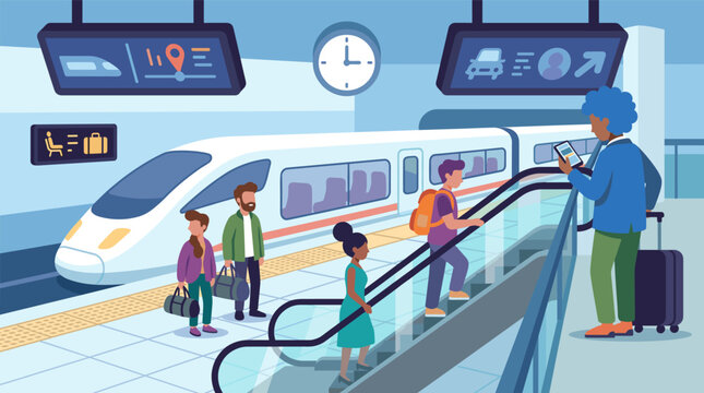 Diverse passengers with luggage using escalator at modern train station with high speed rail and digital signage boards