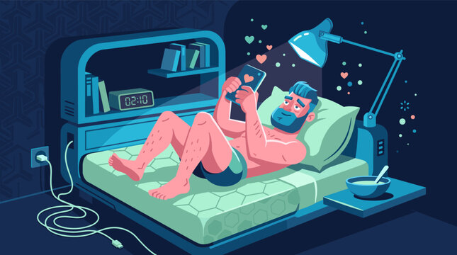 Man lying in bed late at night scrolling smartphone with heart notifications in dark cozy bedroom illustration