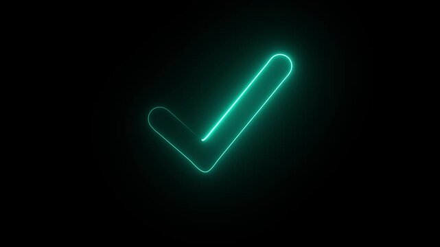Glowing neon light tick mark icon animation True sign in neon style. check mark button. neon success, approved,