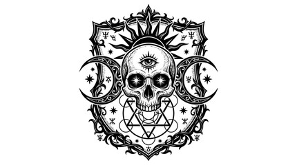 Obraz premium Mystical Skull Emblem with Third Eye, Sun, Moons, and Sacred Geometry