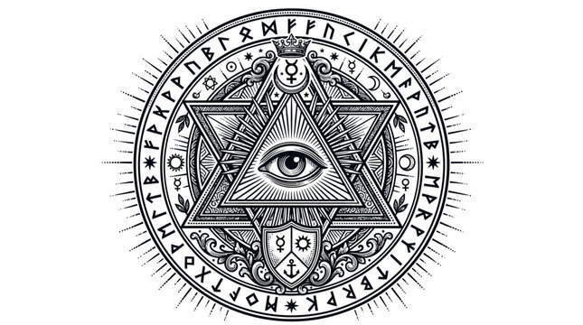 All Seeing Eye Triangle Symbol with Ancient Runes and Masonic Star - Occult Mysticism