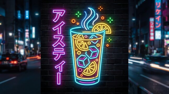 An Intricate Neon Sign Art Piece of an Iced Tea Beverage Displayed on a Dark Brick Wall