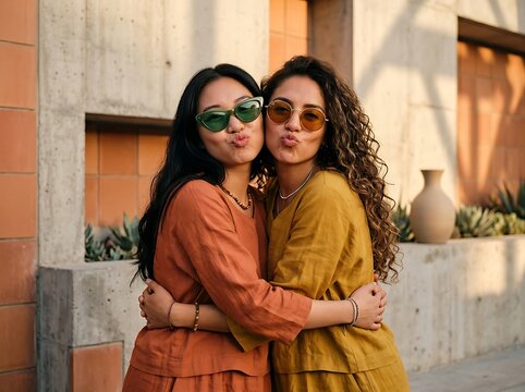 Two stylish young women friends hugging and posing with kissy faces outdoors in warm sunset light