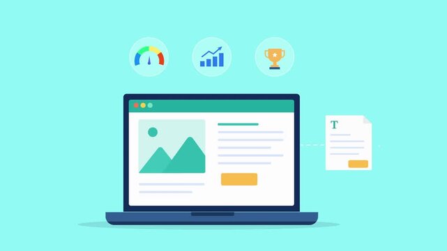 Modern flat vector animation featuring a laptop dashboard with analytics, performance, and innovation icons. Ideal for business intelligence, data insights, strategic planning, and growth monitoring c