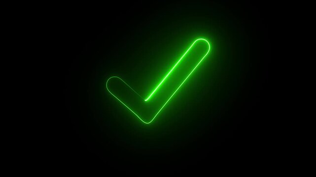 Glowing neon light tick mark icon animation True sign in neon style. check mark button. neon success, approved,