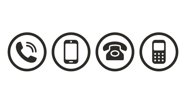 Collection of communication icons featuring telephone handset mobile phone and vintage rotary dialer in circular frames communication telephone connection technology smartphone cellular