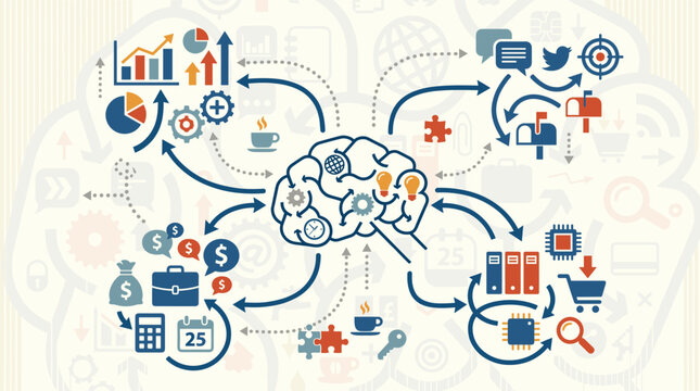 Brain mind map connected to business finance social media technology and marketing icons in detailed flat illustration concept