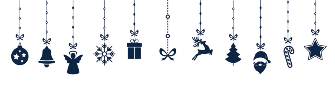 Set of christmas ornaments and holiday decorations hanging with christmas ornament decoration snowflake celebration illustration collection silhouette isolated seasonal tradition december
