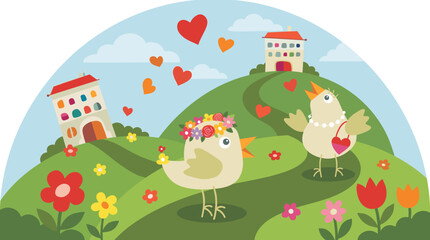 Naklejka premium Cute cartoon love birds with flower crowns standing on green hills with hearts flowers and houses in romantic illustration