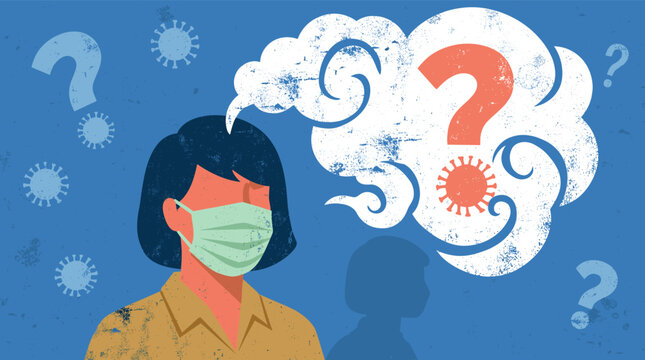 Woman wearing face mask thinking about coronavirus with question marks and virus cells in thought bubble textured illustration