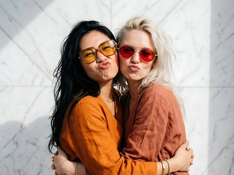 Two stylish young women friends with different hair colors hugging and making kissy faces while wearing colorful sunglasses against a marble wall background