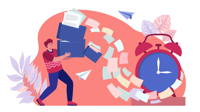 Stressed man rushing with overflowing document folders toward giant alarm clock with flying papers in flat deadline illustration