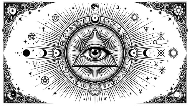 Mystical Eye Triangle Symbol with Celestial Ornaments and Alchemy Icons