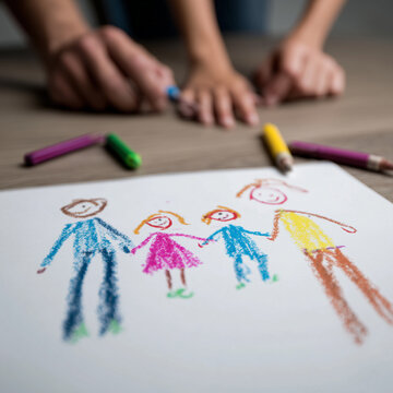Kinderzeichnung einer gl&uuml;cklichen Familie mit Buntstiften. Emotionales Motiv f&uuml;r Familie, Kindheit, Bildung, Kreativit&auml;t, Zusammenhalt und liebevolle Beziehungen.