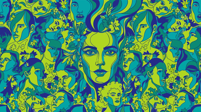 Psychedelic retro pattern of multiple women faces with flowing hair and flowers in vibrant green blue and teal illustration